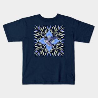 Hummingbird Blue and Green Flower and Leaves Design Kids T-Shirt